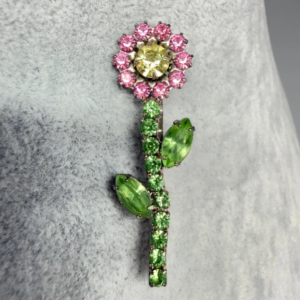 Vintage Uranium Glass Rhinestone Flower Hair Pin 2
